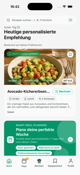 Deutscher personalisierter Startbildschirm der Clean Dish App