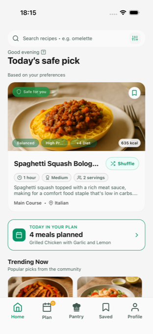 Clean Dish personalized recipe home screen
