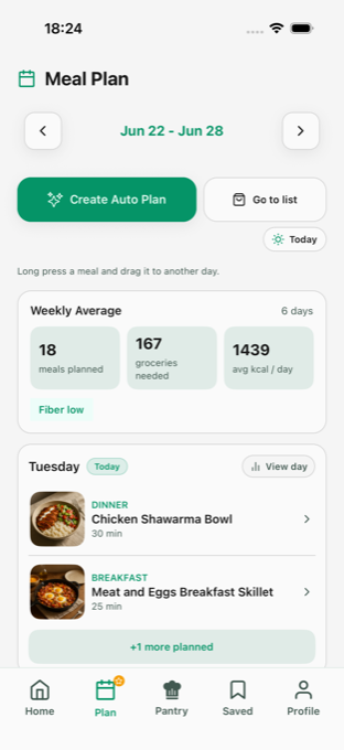 Clean Dish weekly meal plan screen