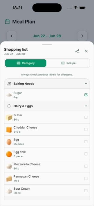 Clean Dish categorized shopping list screen